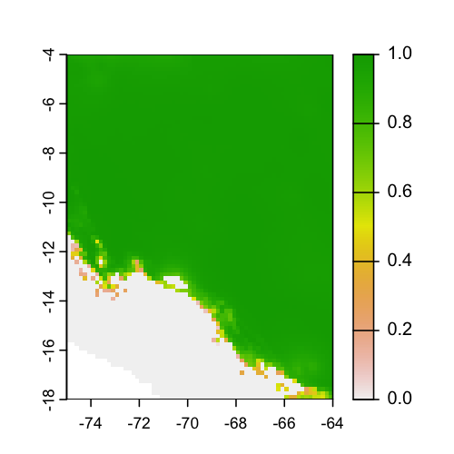 Fig. 5. MOP analysis. In this map zero values (in gray) represent zones of strict extrapolation and values above it are zones with analogous climates.